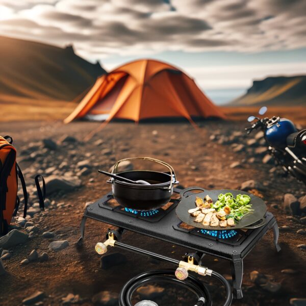 Vivicreate Dual Burner Portable Propane Camping Stove with Cast Iron Griddle, Regulator & Hose, Electronic Ignition, Compact Design for Camping, BBQ, Tactical Cooking - Outdoor Gear Essential, Camping Stove Portable, Tactical Cooking Gear, Durable Construction - Image 4