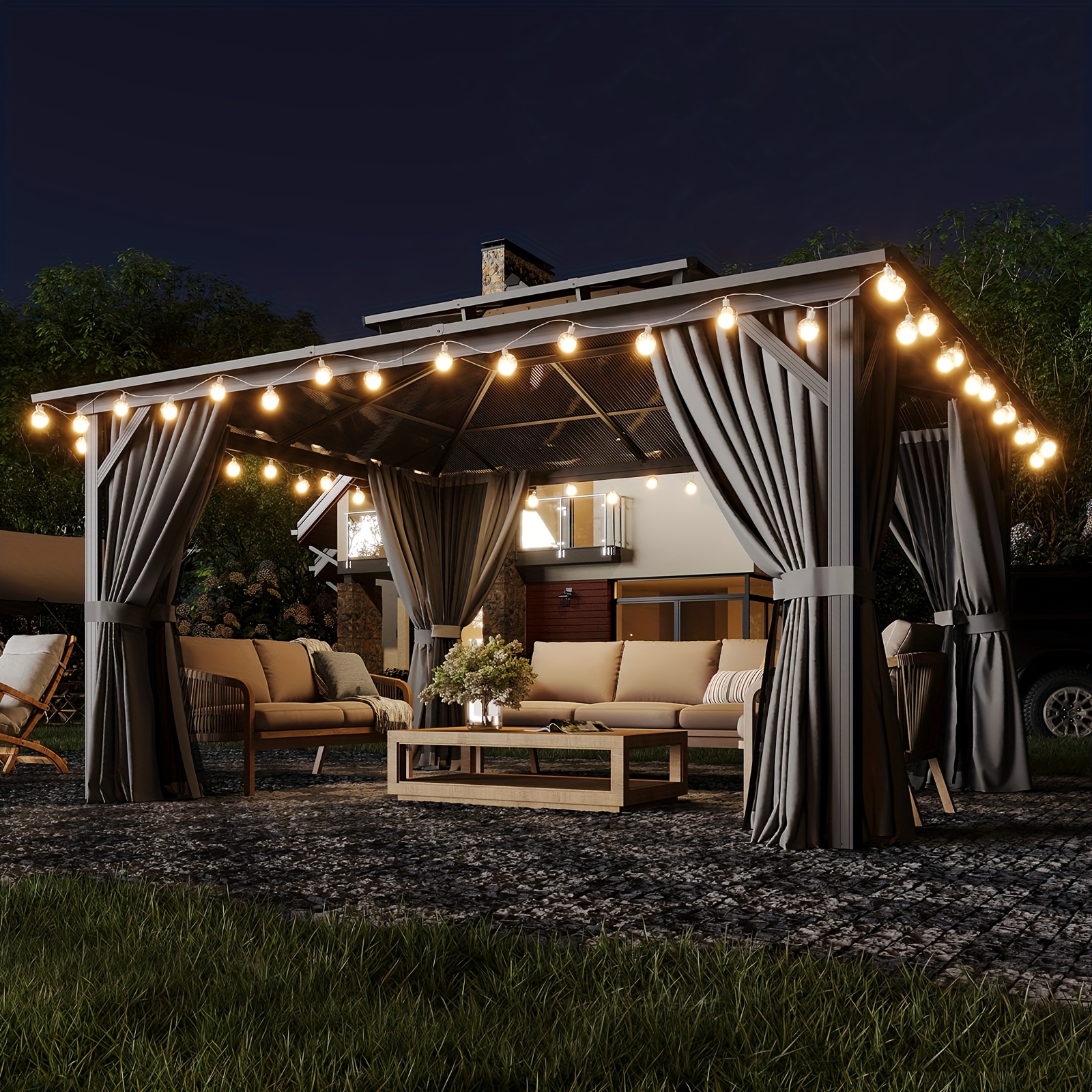 14'x12' Hardtop Gazebo for Patio, Outdoor Aluminum Gazebo with Double Roof, Curtains & Netting, Weather-Resistant Permanent Pavilion, Backyard Patio Furniture for Garden, Lawn, Deck (Gray)