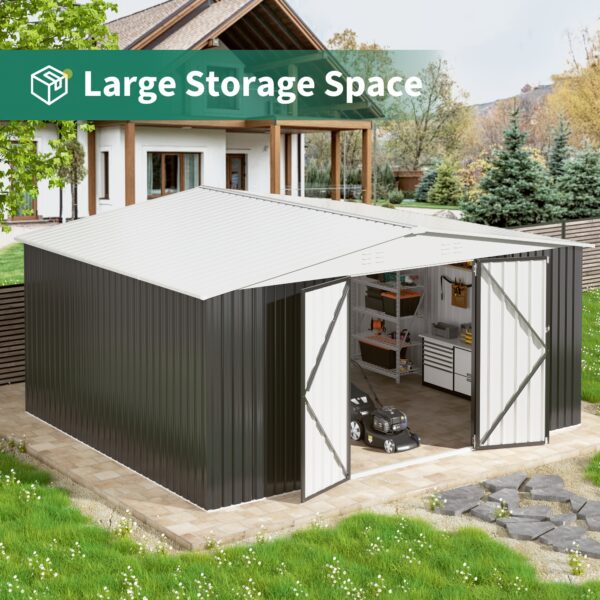 [12x14 FT Metal Shed] Super Spacious 12x14 FT Metal Storage Shed | Durable Frame, Lockable Door, White Roof | For Garden, Backyard, Patio, Tool Storage, Gifts For Boyfriend Or Husband - Image 3