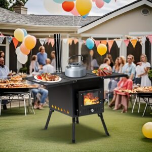 [Wood Stove] Portable Wood Burning Stove | Camping Wood Stove, Outdoor Tent Stove With Stainless Chimney Pipes, Tent Stove Jack & Gloves For Outdoor Camping Cooking And Heating (Black)