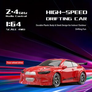 RC Drift Car, 1:64 Scale 4WD, with USB Rechargeable Battery, 2.4GHz Radio Control, Durable Plastic Body & Sleek Design for Indoor/ Outdoor Drifting Fun, Perfect Gift for Boys, Girls