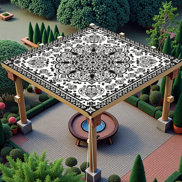 [Vintage Sunshade] Durable Polyester Digital Printed Outdoor Sunshade Canopy | Vintage Black And White Mandala Pattern, Washable, 150Gsm, Four Fixing Ropes, Suitable for Gardens, Camping, And Beaches
