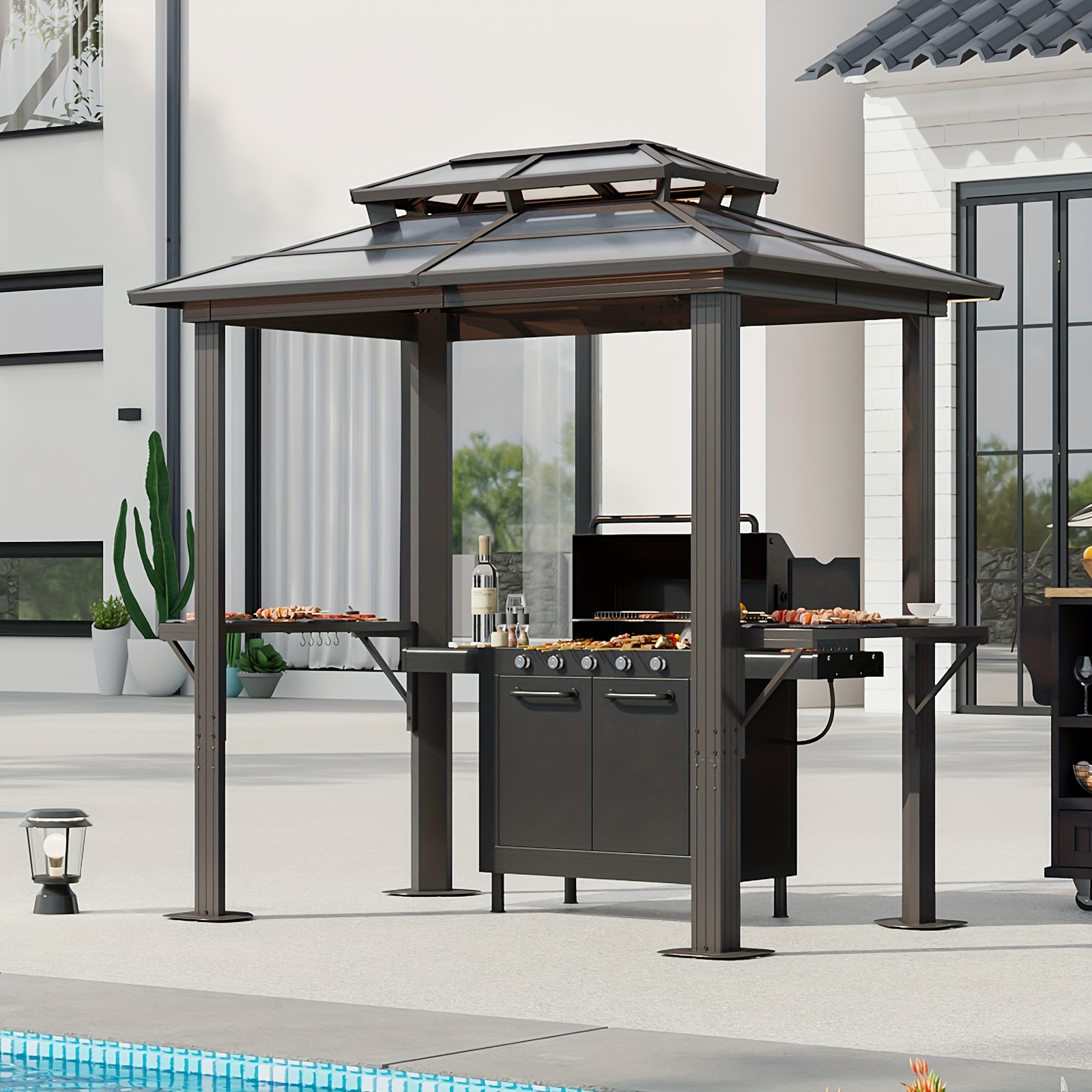 Oneinmil 8 X 5FT Hardtop Grill Gazebo With Double Polycarbonate Roof/Metal Roof - Outdoor Grill Gazebo, Heavy-Duty Grill Shelter With Aluminum Frame, Patio Cover For Grilling & Dining, BBQ Gazebo For Outdoor Grill, Backyard, Patio, (On ) - Image 8