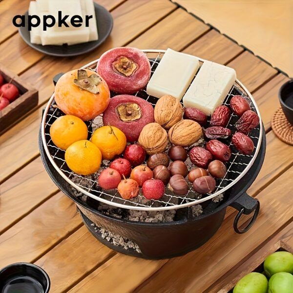 APPKER Cast Iron Charcoal Stove Set - Versatile Round Heating Grill with Lid, Folding Handles, and Grate - Perfect for BBQ, Outdoor Cooking, and Kitchen Use - Black, Charcoal Grill - Image 2