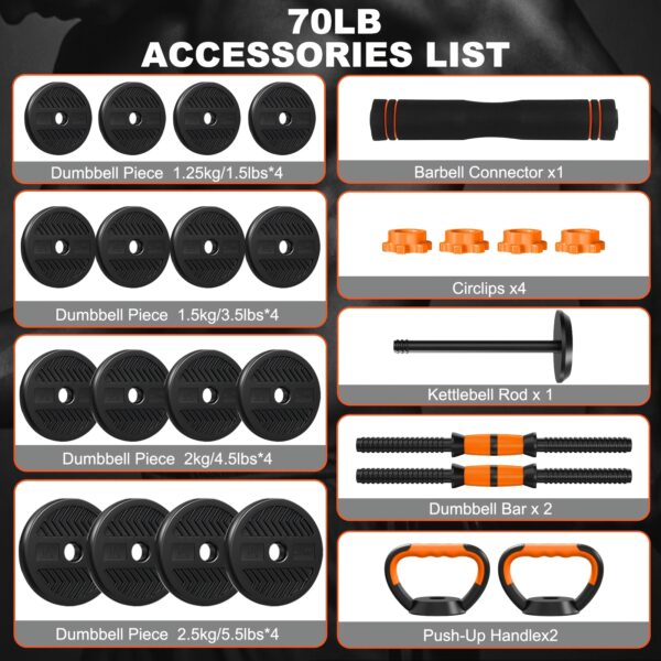 Versatile 70Lb Adjustable Dumbbell Set - 4-in-1 Design: Dumbbells, Barbells, Kettlebells And Push-up Stand - Perfect for Home Gym with Connectors - Image 9