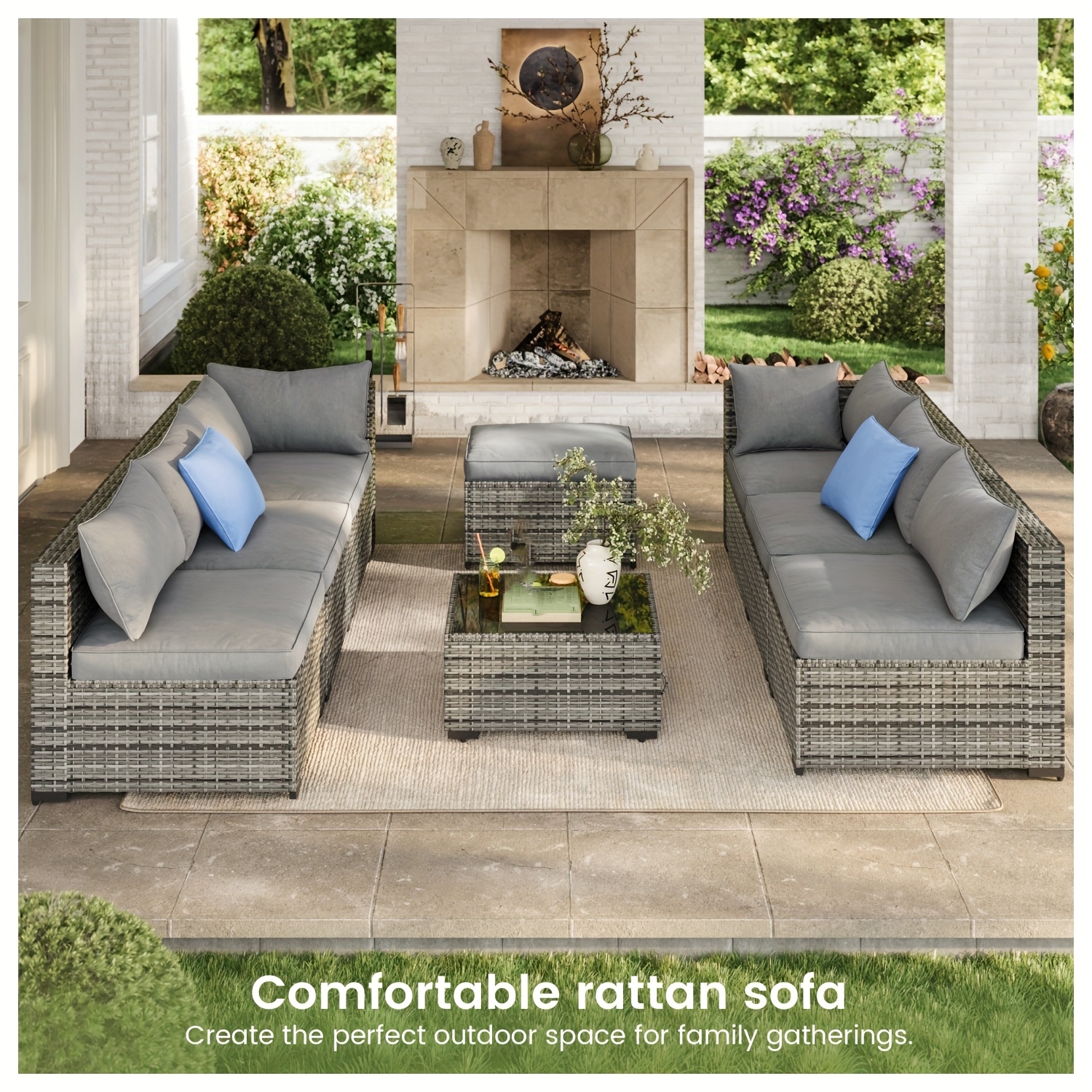 8pcs Modern Outdoor Patio Furniture Set, Rattan Sectional Sofa with Metal Top and Extra Deep Seats, Grey, Patio Seating Set|Modern Outdoor Sofa|Woven Rattan Material - Image 5