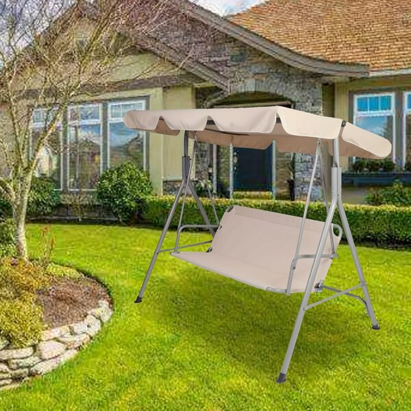 [Weather Resistant Patio Swing] 3-Seat Weather Resistant Outdoor Patio Swing Chair - Adjustable Tilt Canopy, Steel Frame, Beige - Image 4