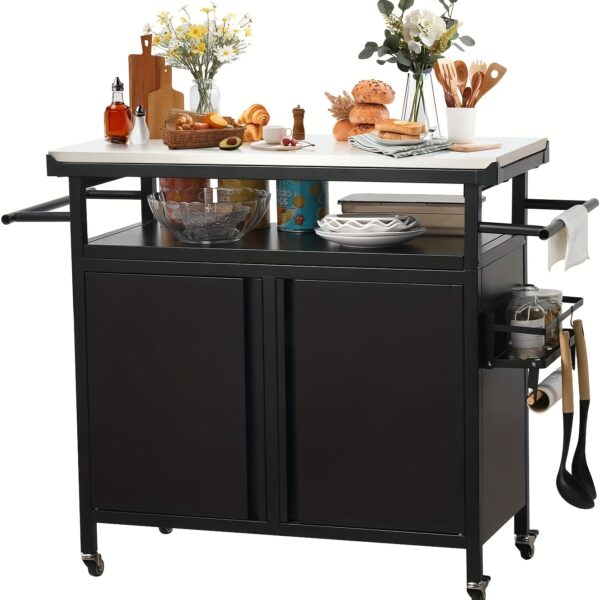 XL Heavy-Duty Indoor/Outdoor Rolling Bar Grill Cart with Stainless Steel Top & Storage Cabinet - Lockable Wheels, Magnetic Spice Rack, Propane Holder for BBQ, Parties, Backyard & Patio Entertaining (Black), Grilling Accessories, Sleek Metal Design, Sturdy Square Legs - Image 5