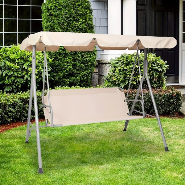 [Weather Resistant Patio Swing] 3-Seat Weather Resistant Outdoor Patio Swing Chair - Adjustable Tilt Canopy, Steel Frame, Beige - Image 3