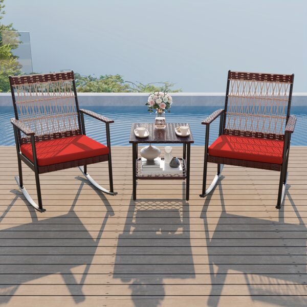 Outdoor Wicker Rocking Chair Set, 3pcs Patio Conversation Furniture Bistro Set with Glass Top Coffee Table and Cushions for Garden Porch and Balcony - Image 8