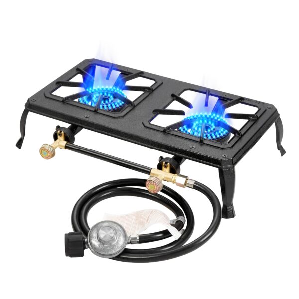 Vivicreate Dual Burner Portable Propane Camping Stove with Cast Iron Griddle, Regulator & Hose, Electronic Ignition, Compact Design for Camping, BBQ, Tactical Cooking - Outdoor Gear Essential, Camping Stove Portable, Tactical Cooking Gear, Durable Construction - Image 3