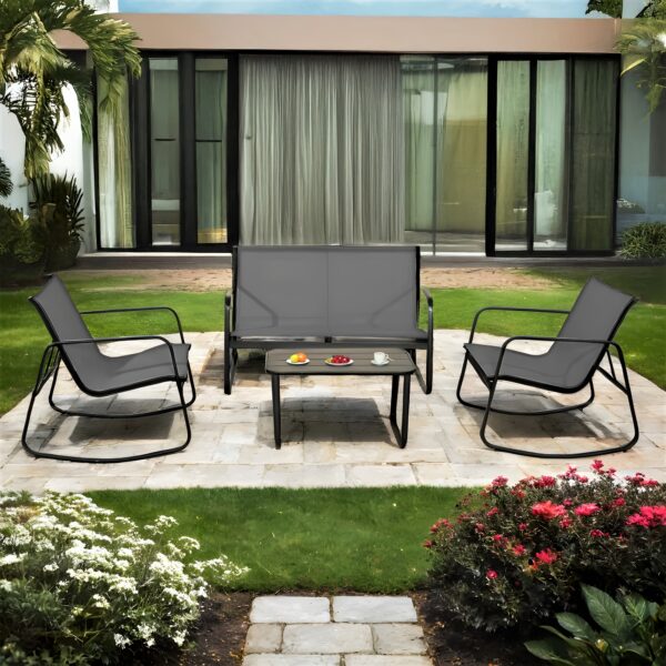 4pcs Outdoor Conversation Set, Outdoor Furniture Featuring Rocking Chairs And A Loveseat, Complete with A Coffee Table. Perfect for Gardens, Balconies, Pool Areas, Or Backyards. Made with Lightweight, Weather-resistant Textilene Fabric, - Image 8