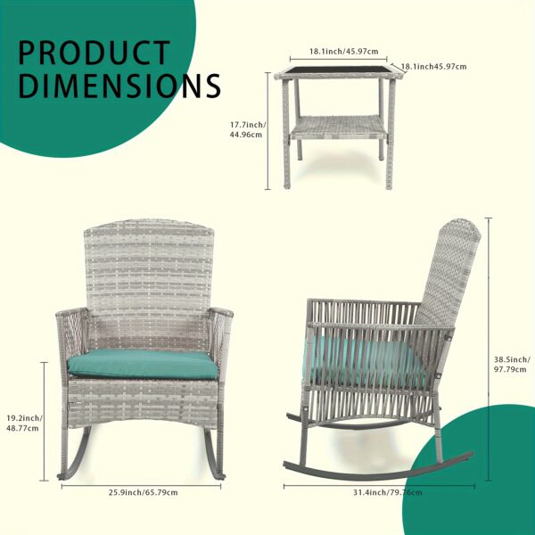 Outdoor Wicker Rocking Chair Set, 3pcs Patio Conversation Furniture Bistro Set with Glass Top Coffee Table and Cushions for Garden Porch and Balcony - Image 3
