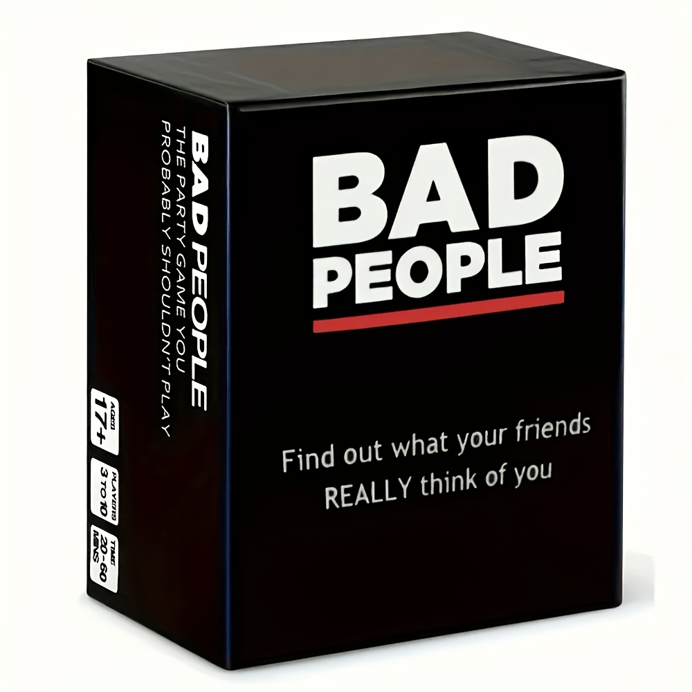 Bad People Party Game - Interactive Card Game with Bold Red & White Text, Black Box & 52-Card Set for Family Fun, Game Nights, Social Gatherings - Durable Cardstock, No Cards Included, Playful Packaging