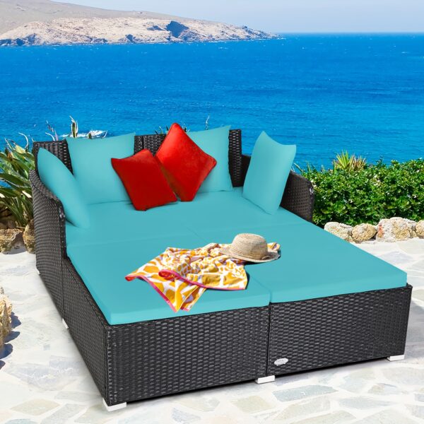 [Weather-Resistant | Rattan] Costway 2-Person Weather-Resistant Rattan Daybed with Cushions and Pillows | Modern Outdoor Sofa | Durable Patio Furniture, 800 lbs Capacity, Turquoise & Red Accents, Includes Instruction Manual
