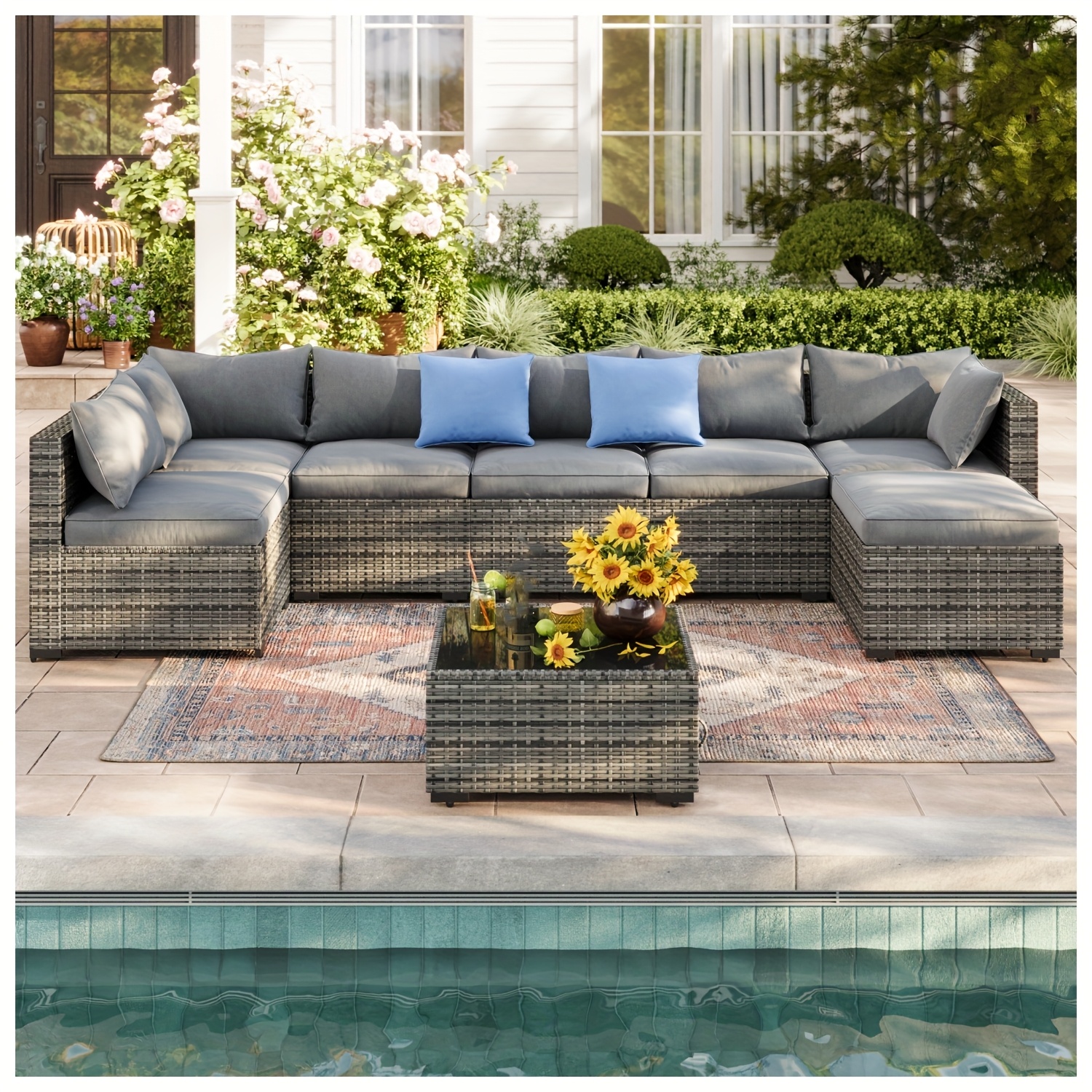 8pcs Modern Outdoor Patio Furniture Set, Rattan Sectional Sofa with Metal Top and Extra Deep Seats, Grey, Patio Seating Set|Modern Outdoor Sofa|Woven Rattan Material