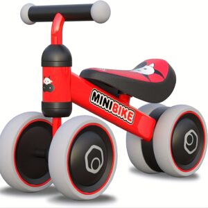 Mini Bike Balance Bike for Youngsters 1-2 Years Old - 4-Wheel Stability Tricycle with Soft Seat, Sturdy Carbon Steel Frame & Tool-Free Assembly - Red/Black with Playful Cat Graphics - Ideal First Bike Gift for Boys & Girls, Youngsters Learning to Ride | Playful Cat Design | Safe Enclosed Wheels