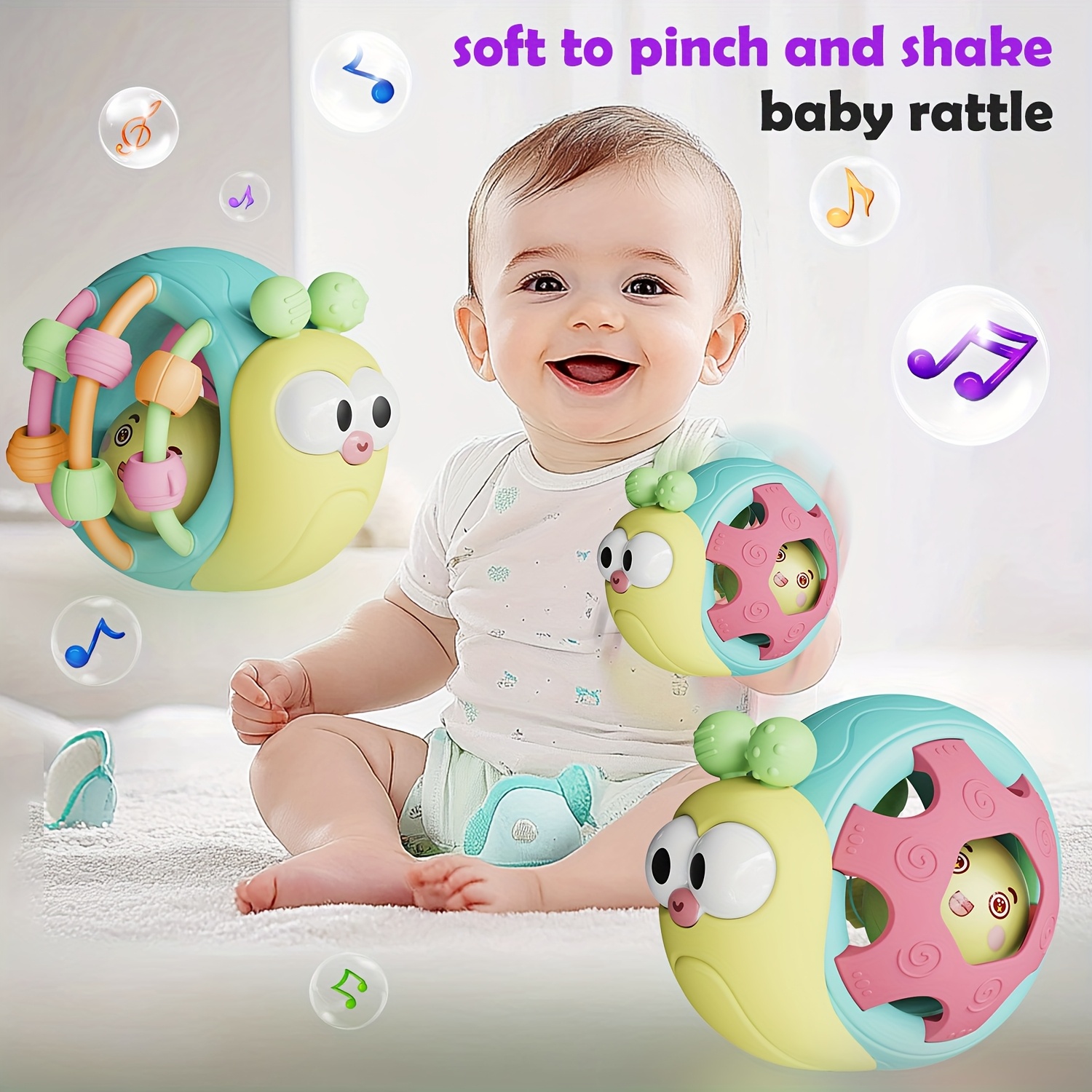 Baby Teething & Grasping Toys - Infant Safe Crinkle Squeaky Snail Ball With Rattle, Soft Toy For 0-12 Months, Easy To Hold - Image 8