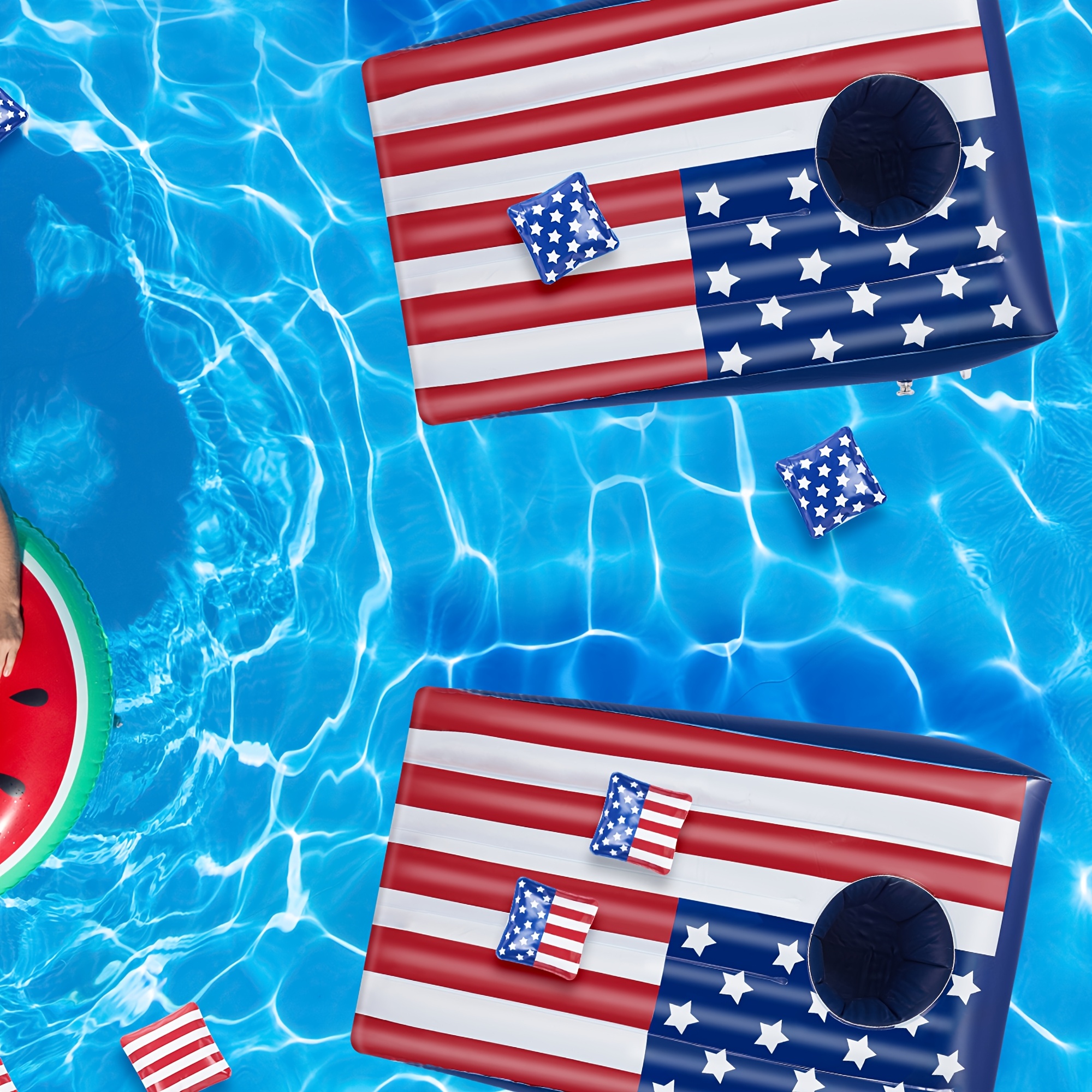 Pool Cornhole Inflatable Bean Bag Toss Game 2 Sets, Independence Day Swimming Pool Game for Teens, Adults and Family, American Flag Theme Water Floating Cornhole Toy with 8 Bean Bags for Party Packs - Image 5