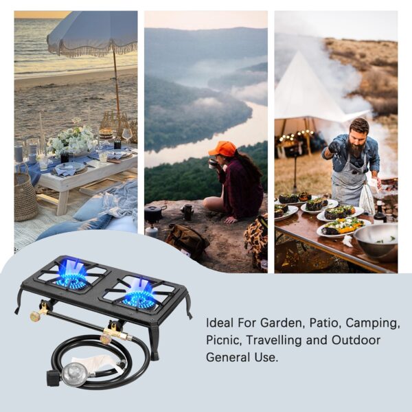 Vivicreate Dual Burner Portable Propane Camping Stove with Cast Iron Griddle, Regulator & Hose, Electronic Ignition, Compact Design for Camping, BBQ, Tactical Cooking - Outdoor Gear Essential, Camping Stove Portable, Tactical Cooking Gear, Durable Construction - Image 5