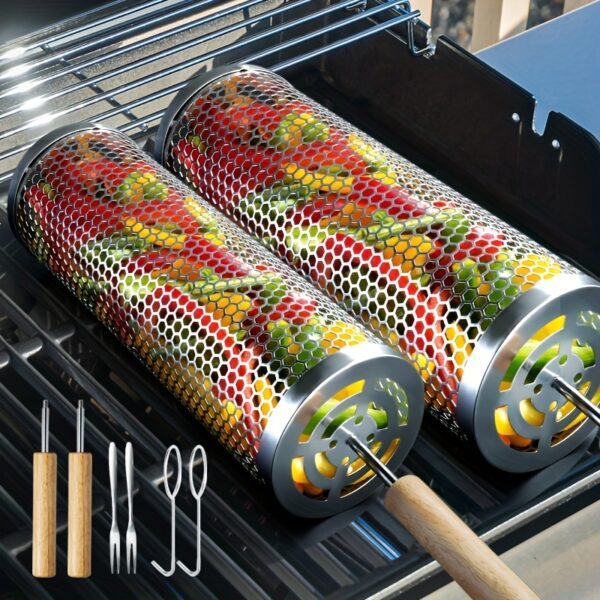 [2pcs Stainless Steel BBQ Grill] 2pcs Katbite Stainless Steel Portable BBQ Cooking Grill | Outdoor BBQ Basket, Camping Picnic Cooker, Round BBQ Campfire Grill