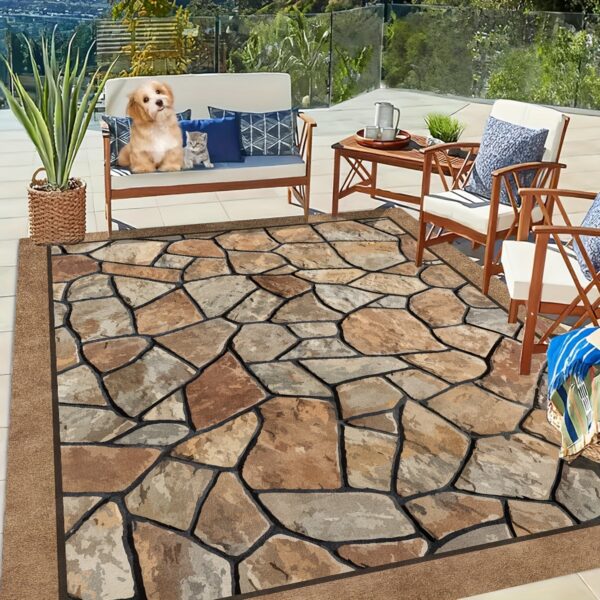 [1pc Autumn Polyester Mat] 1pc 850g/0.8cm Thick Machine Washable Polyester Autumn New Product Simulation Stone Road Texture Large Outdoor Patio Garden Mat - Image 2