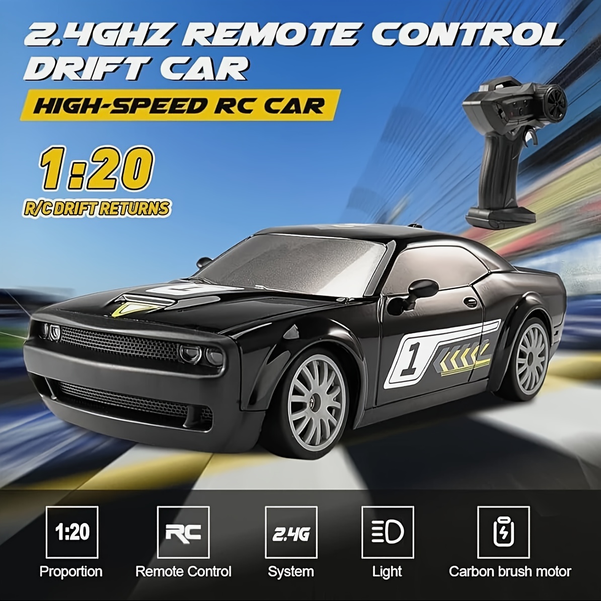 1:20 4WD LED Light Remote Control Drift Car, 20KPH High Speed Proportion Throttle Racing Car, Suitable for Drifting and Racing, with 2 Rechargeable Batteries, Perfect Gift and Toy