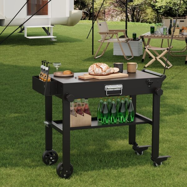 Heavy-Duty Iron Outdoor Folding Dining Cart - Foldable Portable Grill Cart with 4 Swivel Casters, 500lb Capacity, All-Terrain Wheels & Storage Basket for Camping, Picnics, Tailgating, Picnic Essentials, Foldable Design, Robust Construction - Image 7