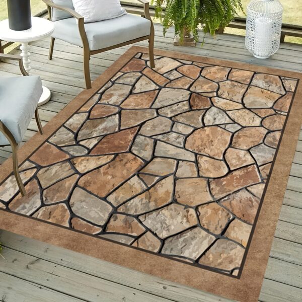 [1pc Autumn Polyester Mat] 1pc 850g/0.8cm Thick Machine Washable Polyester Autumn New Product Simulation Stone Road Texture Large Outdoor Patio Garden Mat - Image 5