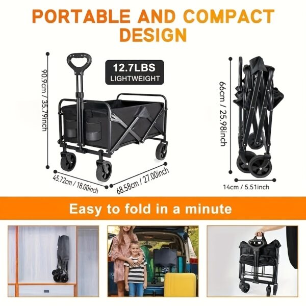 [Heavy Duty Hand Truck] 1pc Heavy Duty Foldable Hand Truck | 330/450/600 lbs Load Capacity, All-terrain Wheels, 27.56'' Interior Space | Great for BBQ, Outdoor Activities, Pet Transport, Beach, Lawn, Camping and Shopping - Black - Image 2