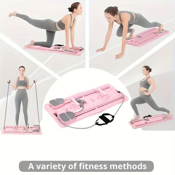 An 8-in-1 multifunctional abdominal board available in three colors, designed for core strength training and Pilates - a foldable portable home gym equipment with adjustable resistance bands, push-up bars, and straps. Includes multiple fitness tools - Image 7
