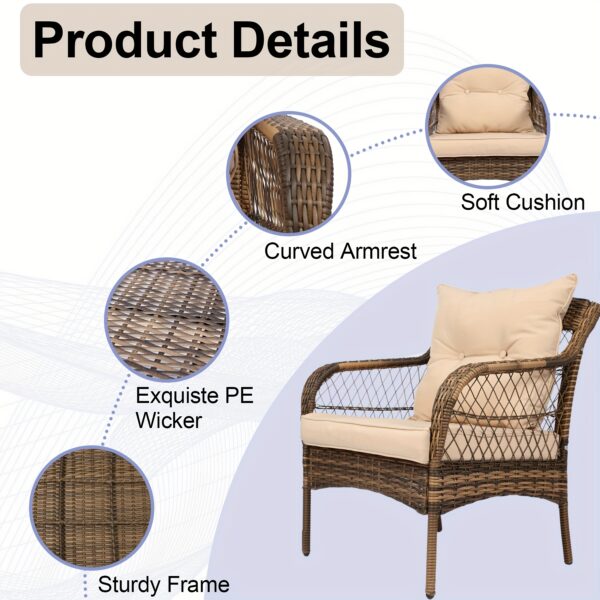 3pcs Patio Furniture Set, Outdoor Furniture With Soft Cushion And Glass Table, All-Weather Manual Weaving Wicker Rattan Patio Chairs For Garden, Backyard, Porch, Poolside - Image 5