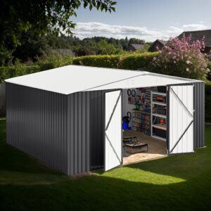 [12x14 FT Metal Shed] Super Spacious 12x14 FT Metal Storage Shed | Durable Frame, Lockable Door, White Roof | For Garden, Backyard, Patio, Tool Storage, Gifts For Boyfriend Or Husband