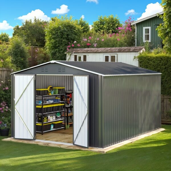 [Black Metal Storage Shed] 10 x 14ft Black Metal Outdoor Storage Shed - Durable & Weatherproof Tool Shed for Backyard, Garden, or Patio - Ample Storage & Perfect Gift for Boyfriend or Husband