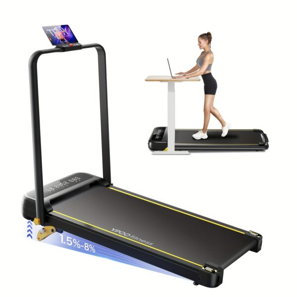 YPOO Foldable Treadmill with 3-Level Incline, 300Lbs Capacity Portable Folding Treadmill for Home/Office, Quiet Desk Exercise Equipment with Handle Bar, Black, Treadmills for Exercise At Home, Home Fitness Gear, Modern Fitness Machine, Sturdy Construction