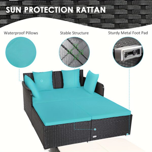 [Weather-Resistant | Rattan] Costway 2-Person Weather-Resistant Rattan Daybed with Cushions and Pillows | Modern Outdoor Sofa | Durable Patio Furniture, 800 lbs Capacity, Turquoise & Red Accents, Includes Instruction Manual - Image 9