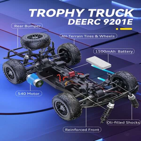 DEERC 9201E 1:10 Large Remote Control Truck With Lights, Fast Short Course RC Car, 48 Km/h 4x4 Off-Road Hobby Grade Toy Monster Crawler Electric Vehicle With 2 Rechargeable Batteries For Adult Kid Boy - Image 4