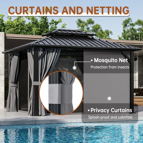 10'x12' Hardtop Gazebo with Aluminum Frame, Double Galvanized Steel Roof, Netting & Curtains, Outdoor Pavilion for Backyard, Patio & Deck - Image 9