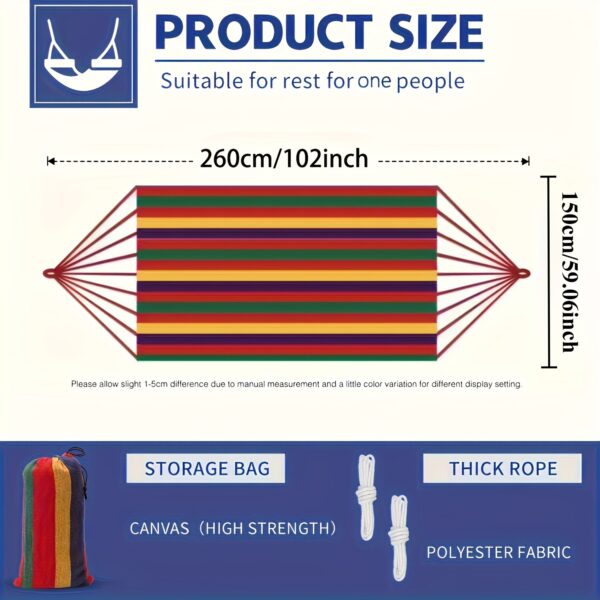 [1-Pack Heavy-Duty Hammock] 1-Pack Heavy-Duty 330lb Capacity Colorful Cloth Hammock | Durable Polyester, Tree-Friendly Straps, Portable Storage Bag, Anti-Flip, Weatherresistant, Reinforced Stitching | Outdoor, Camping, Indoor Relaxation, Camping Essential, Vibrant Design, Backyard Lounging, Stylish Lounging, Outdoor Enthusiasts - Image 4