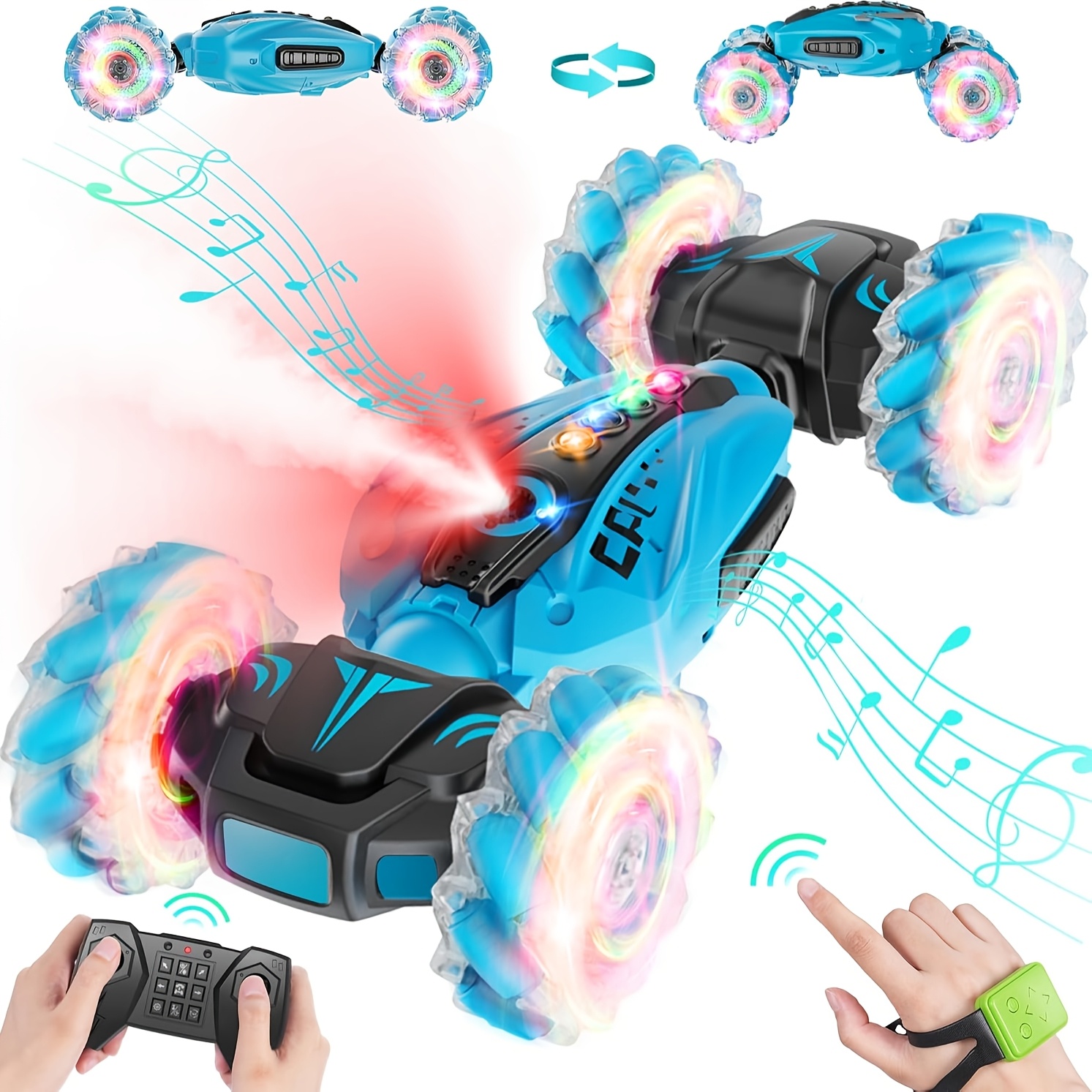 Remote Control Stunt Car With Gesture Control, Double-Sided Driving Toy With 360° Rotation, Large 4WD Remote Control Car, Great For Holiday Christmas Birthday Gifts, All-Terrain Remote Control Car With Spraying Function (Blue) - Image 3