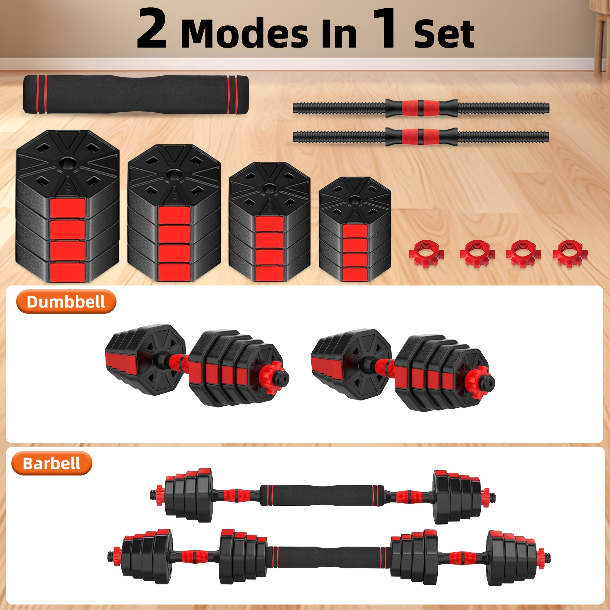 Adjustable Dumbbells Set, 20lbs/70lbs Weight Plate with Connector Used As Barbell, Fitness Strength Exercises for Home Gym, Red - Image 2