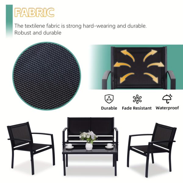 HARAISEDK 4pcs Patio Chair Set Outdoor Only Garden Patio Conversation Sets Poolside Chairs With Tempered Glass Coffee Table Loveseat Porch Outdoor Textilene Fabric Black - Image 2