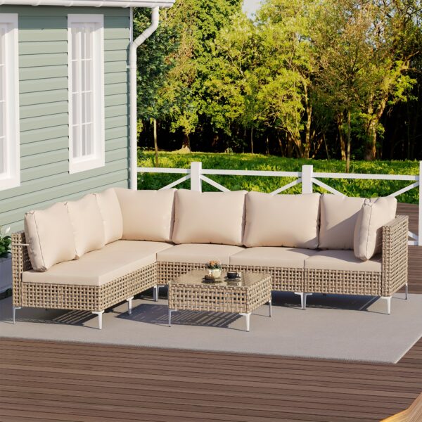 7pcs Outdoor Rattan Sofa Set with Coffee Table, Waterproof Seat Cushion, All-weather Seating - Suitable for Patios, Gardens, Poolside Outdoor Furniture - Image 8