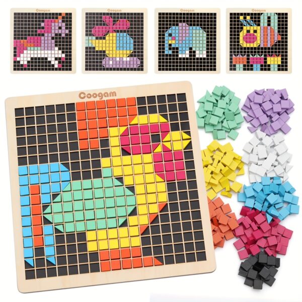Coogam Wooden Mosaic Puzzle, 370PCS Shape Pattern Blocks With 8 Colors, Pixel Board Game STEM Toys Gift For Kids Toddlers Boys Girls Ages 4 5 6 7 Years Old - Image 6