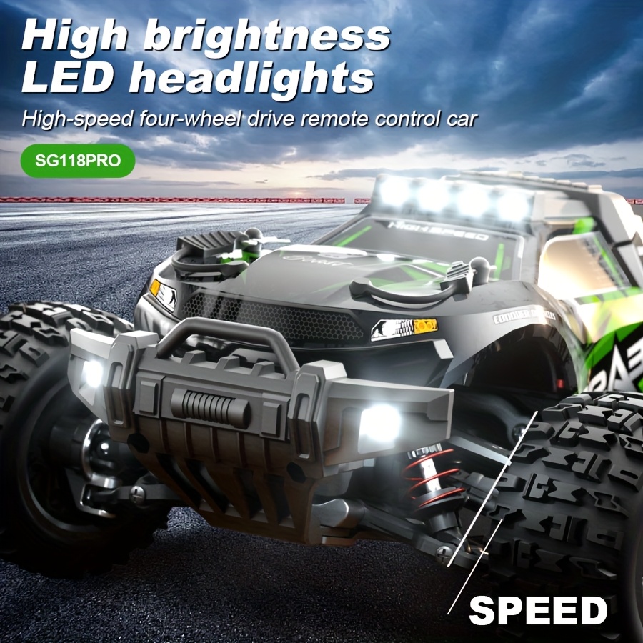 4WD High-Speed RC Off-Roader | 35KM/H Stunt Toy Car With Wheelie Bar & Adjustable LED Lights | 1:18 Scale Model | 7.4V Long-Life Battery | All-Terrain RC Truck For Adults & Kids - Outdoor Gift - Image 2