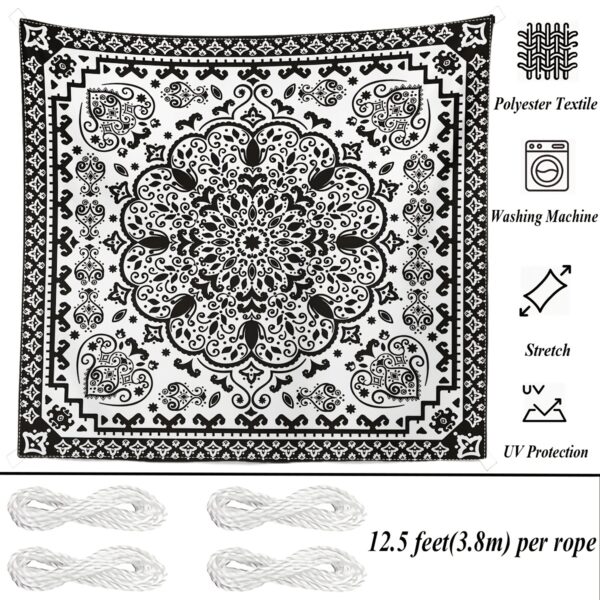 [Vintage Sunshade] Durable Polyester Digital Printed Outdoor Sunshade Canopy | Vintage Black And White Mandala Pattern, Washable, 150Gsm, Four Fixing Ropes, Suitable for Gardens, Camping, And Beaches - Image 6