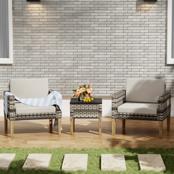3pcs Wicker Bistro Set, Outdoor Conversation Furniture Set With Side Table& Cushions, Rattan Patio Furniture Set For Garden, Backyard, Porch, Poolside