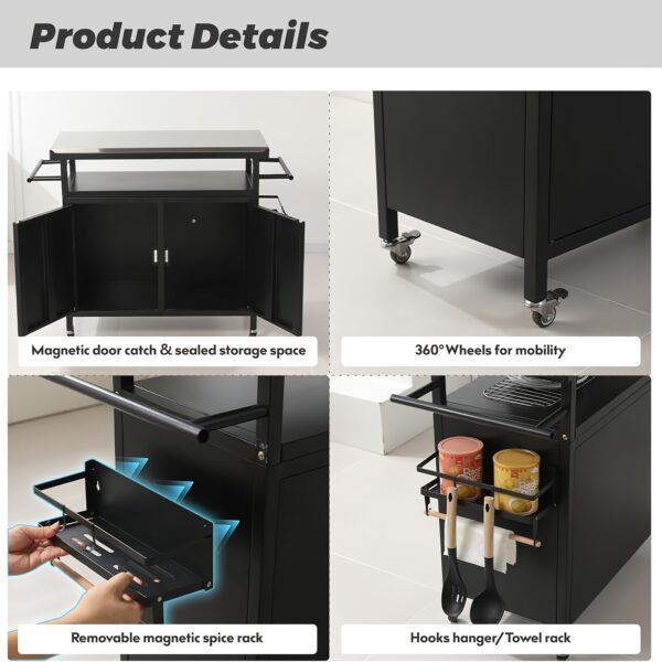 XL Heavy-Duty Indoor/Outdoor Rolling Bar Grill Cart with Stainless Steel Top & Storage Cabinet - Lockable Wheels, Magnetic Spice Rack, Propane Holder for BBQ, Parties, Backyard & Patio Entertaining (Black), Grilling Accessories, Sleek Metal Design, Sturdy Square Legs - Image 2
