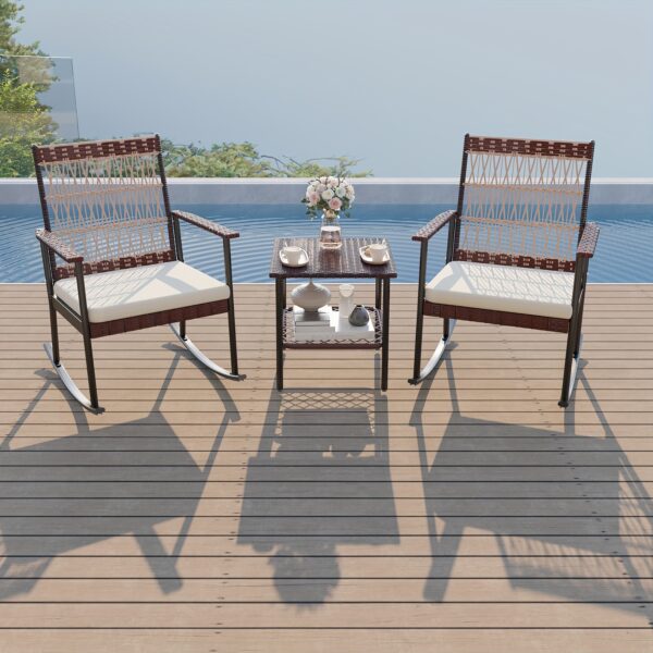 Outdoor Wicker Rocking Chair Set, 3pcs Patio Conversation Furniture Bistro Set with Glass Top Coffee Table and Cushions for Garden Porch and Balcony - Image 6
