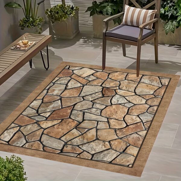 [1pc Autumn Polyester Mat] 1pc 850g/0.8cm Thick Machine Washable Polyester Autumn New Product Simulation Stone Road Texture Large Outdoor Patio Garden Mat - Image 3